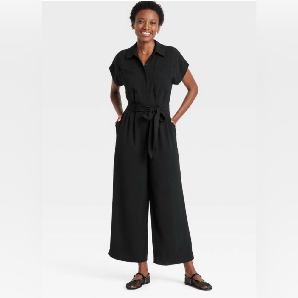a new day Black Short-Sleeve Tie-Waist Wide-Leg Jumpsuit
